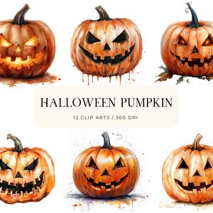 Könnte beinhalten: Aquarellillustrationen von Halloween-Kürbissen mit geschnitzten Gesichtern. Die Kürbisse sind orange mit schwarzen, geschnitzten Merkmalen, und einige haben leuchtende Augen. Das Bild enthält den Text "HALLOWEEN PUMPKIN" und "12 CLIP ARTS / 300 DPI".