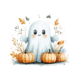 May include: A watercolor illustration of a friendly ghost with a smiling face, surrounded by orange pumpkins, fall leaves, and two gray bats. The ghost is white with rosy cheeks, perfect for Halloween decor.
