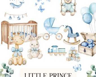 Watercolor baby boy clipart bundle cute baby shower clip art blue nursery decor it's a boy png digital download baby illustrations set