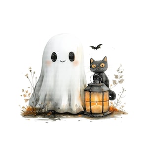 May include: Watercolor illustration of a friendly ghost, a black cat, and a bat. The cat sits beside a lit lantern. The ghost has a smiling face and is surrounded by dried plants. The image has a Halloween theme.
