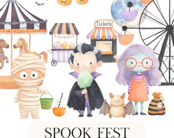 Cute Halloween Clipart Bundle, Monster Clipart PNG, Ghost Clipart for Kids, Watercolor Halloween Graphics, Kids Halloween Digital Download