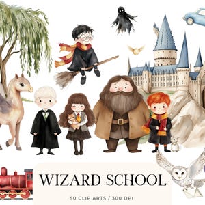 Wizard School Clipart PNG, Cute Wizard Witch Clipart for Kids, Magic Birthday Clipart, Nursery Wizard Art, Magical Party Illustrations