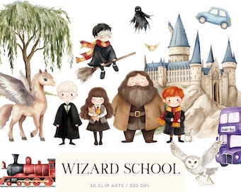 Wizard School Clipart PNG, Cute Wizard Witch Clipart for Kids, Magic Birthday Clipart, Nursery Wizard Art, Magical Party Illustrations
