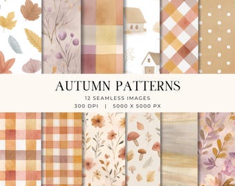Autumn Digital Paper Bundle, Fall Themed Plaid Floral Woodgrain Backgrounds, Cozy Rustic Autumn Digital Paper, Fall Scrapbook JPG Pack