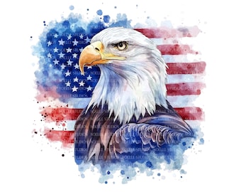 Bald Eagle 4th of July Clipart Bundle: USA Flag Watercolor (JPG Download)