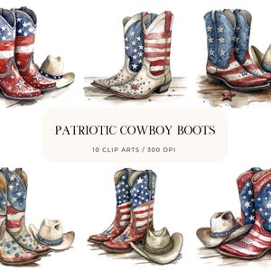 10 Cowboy Stiefel Clipart JPG Bundle | 4. Juli Western Boot PNGs | USA Rot Weiß Blau Sublimationsgrafiken für Handwerk Dekor
