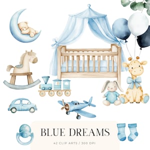 Bundle de cliparts mignon bébé garçon aquarelle PNG pour décorations de baby shower, art mural pour chambre d'enfant, numérique bleu, clipart bébé