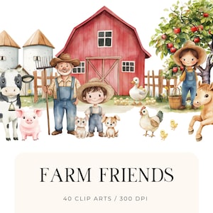 Imágenes prediseñadas de granja linda de acuarela, imágenes prediseñadas de vida en la granja, cabaña, animales de granja, vaca, cerdo, oveja, poni, pato, descarga digital, uso comercial