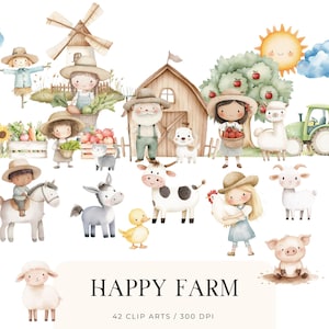 Happy Farm clipart, aquarel boerderijdieren, schattige boerderij clipart, cottage boerderij clipart, varken koe kip, kinderkamer clipart, baby boerderijdieren