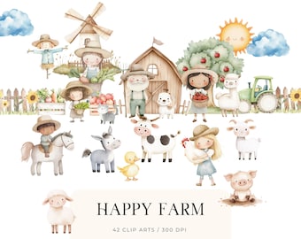 Imágenes prediseñadas de granja feliz, animales de granja en acuarela, imágenes prediseñadas de granja linda, imágenes prediseñadas de granja de cabaña, imágenes prediseñadas de cerdo, vaca, pollo, imágenes prediseñadas de guardería, animales de granja bebés