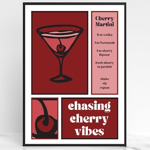 Cherry Martini Print | Cherry Aesthetics | Cherry Cocktail Wall Art | Kitchen Bar Art | Cherry Cocktail Digital Download | Retro Drink Print