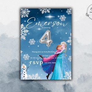 Cartão de aniversário da Rainha Frozen - Elsa e Anna para impressão digital, modelo editável do Canva, download instantâneo, convite para festa inspirado na Disney