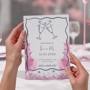 Elegante jantar preto para 2 pessoas, convite, design minimalista moderno, modelo editável do Canva, download instantâneo, cartão para evento noturno para impressão