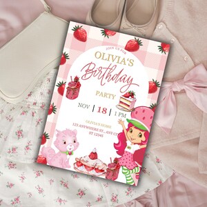 Carte d'anniversaire Kitty gâteau aux fraises imprimable - thème de la cuisine rose, design chat mignon, modèle de toile éditable, téléchargement immédiat pour les filles