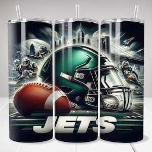 May include: A green and black stainless steel tumbler with a football helmet, football, and the word "JETS" printed on it. The background features a cityscape and a bridge.
