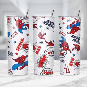 May include: Three white insulated tumblers with a repeating pattern of Spider-Man in action poses, comic book speech bubbles, and text. The design includes red, blue, and black elements. Each tumbler has a silver straw.