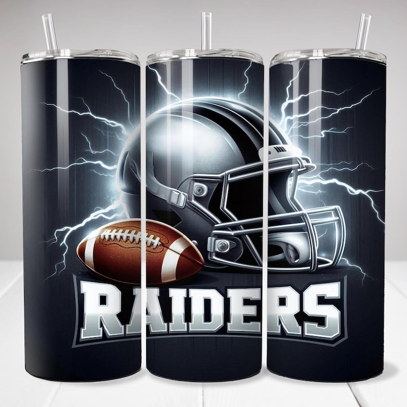 May include: A black and silver stainless steel tumbler with a football helmet, football, and the word "RAIDERS" printed on it. The background is black with white lightning bolts.