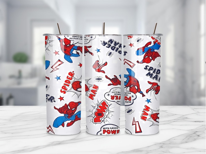May include: White tumbler featuring a repeating pattern of the Spider-Man comic book character in red and blue. The design includes comic book speech bubbles, stars, and lightning bolts. The text includes "Spider-Man" and "With great power comes great responsibility."