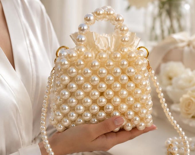 Handmade Pearl Bridal Bag, Elegant Ivory Beaded Wedding Clutch, UK Fast Shipping