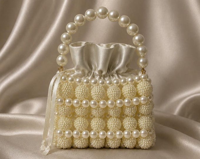 Handmade Pearl Beaded Bridal Bag | Satin Lined Evening Purse, Fast Shipping