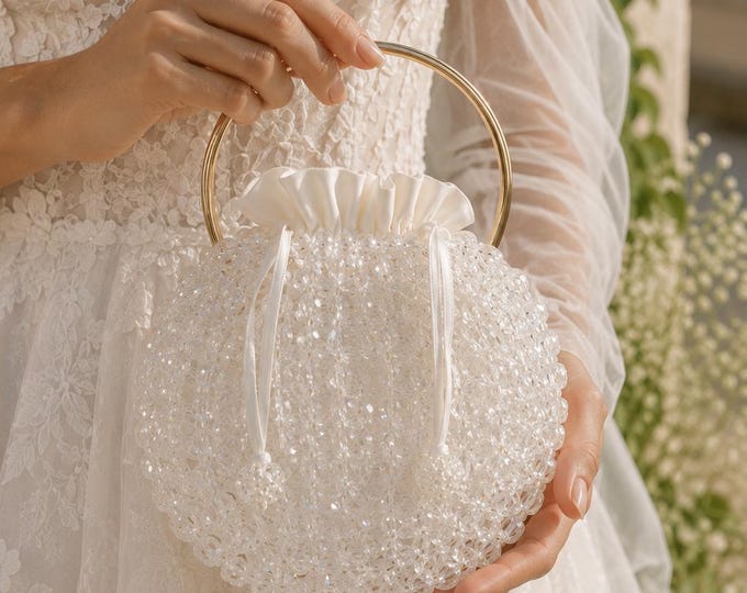Crystal Bridal Bag, Pearl Beaded Evening Purse, Wedding Clutch Accessory, Fast Shipping