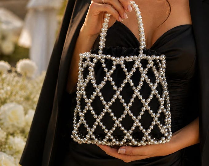 Handmade Silver Beaded Handbag, Pearl Style Evening Purse, Black Satin Drawstring Clutch