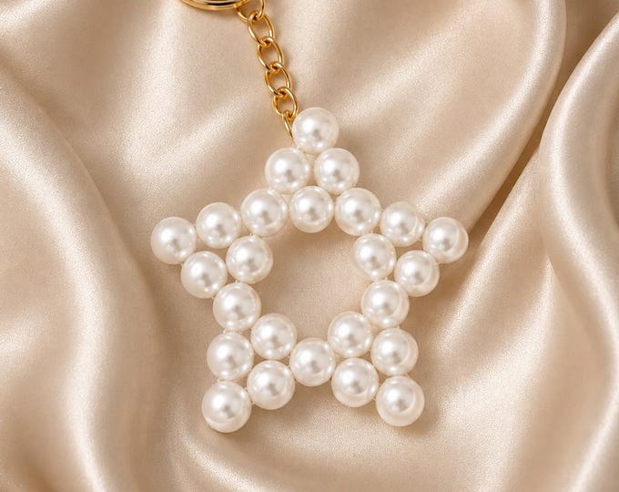 Handmade Pearl Star Bag Charm, Elegant Beaded Keychain, Coquette Accessory
