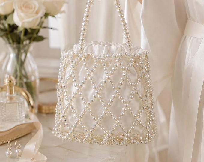 Pearl Beaded Bride Bag, Luxury Wedding Clutch, Ivory Evening Handbag, Fast Shipping