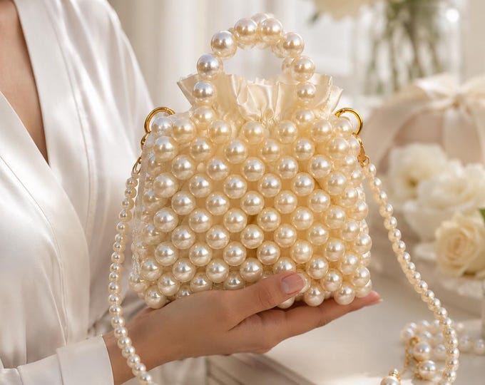 Handmade Pearl Bridal Bag, Ivory Wedding Clutch, Elegant Beaded Purse