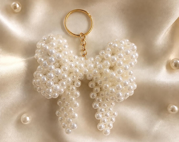 Handmade Pearl Bow Keychain, Gold-Tone Ring, Bridal Shower Favor