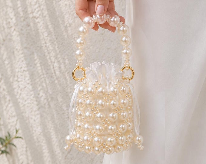 Pearl Beaded Bucket Bag, Bridal Wedding Guest Evening Purse, Coquette Style