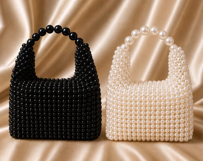 Handmade Pearl Beaded Bag, Ivory Bridal, Black Evening Clutch, Coquette Style