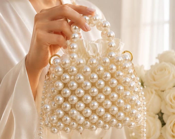 Handmade Pearl Bridal Bag, Elegant Ivory Beaded Wedding Clutch, UK Fast Shipping