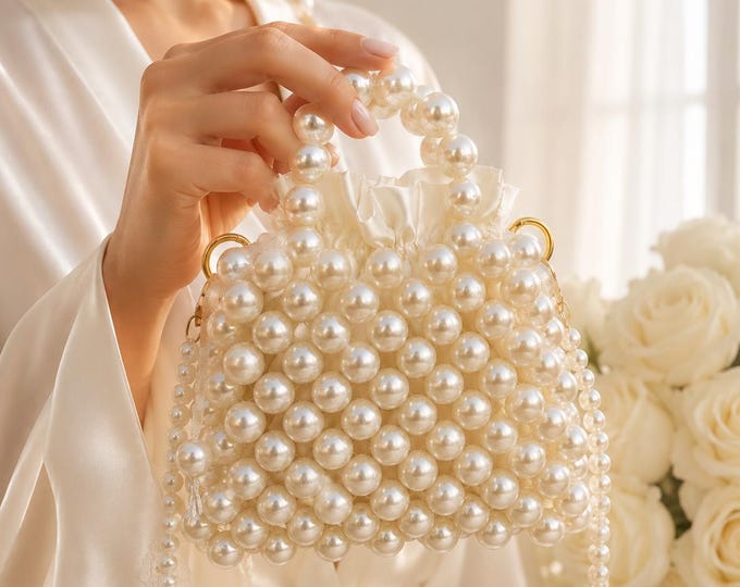 Handmade Pearl Bridal Bag, Elegant Ivory Beaded Wedding Clutch, Fast Shipping