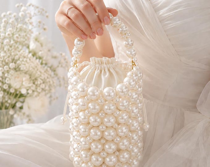 Handmade Pearl Beaded Bucket Bag, Ivory Bridal Wedding Purse, Coquette Style Handbag