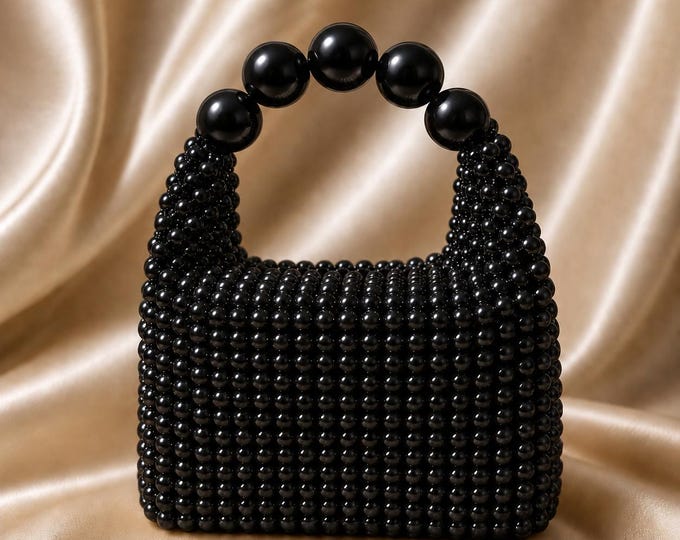 Handmade Black Beaded Pearl Evening Bag, Elegant Wedding Clutch, Statement Handbag, Fast Shipping