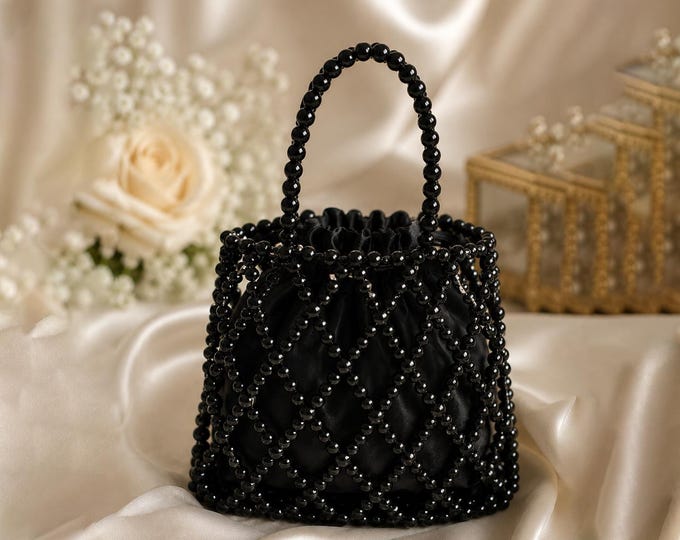 Handmade Black Beaded Evening Bag, Pearl Style Satin Drawstring Clutch