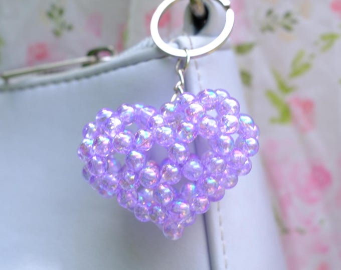 Handmade Pearl Heart Keychain, Purple Beaded Bag Charm, Kawaii Keyring