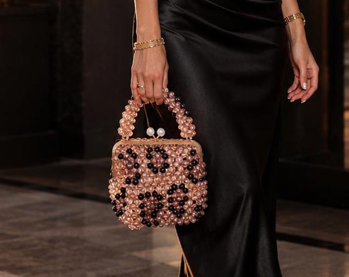 Handmade Crystal Beaded Evening Bag, Black Floral Clutch, Luxury Bridal Top Handle Handbag