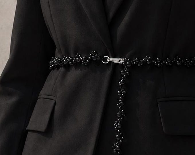 Handmade Black Beaded Belt, Elegant Silver Clasp Waist Accessory, Set of 2