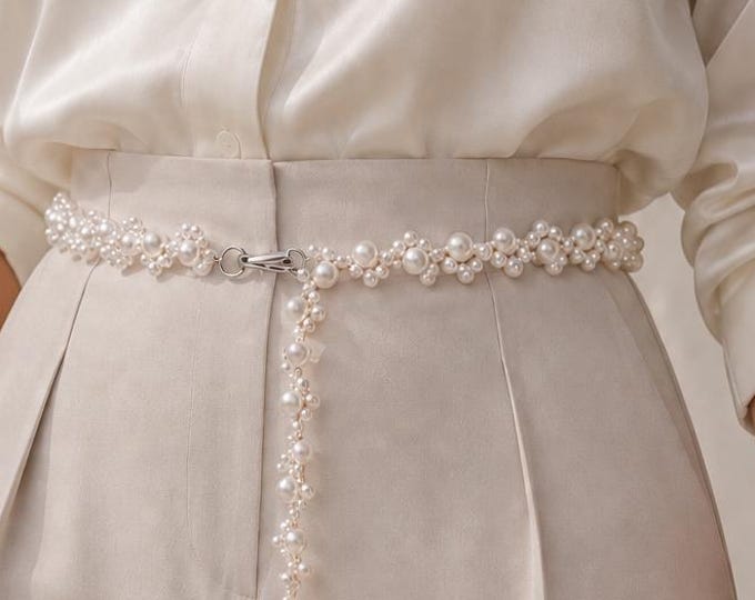 Handmade Pearl Bridal Belt, Ivory Wedding Dress Waist Accessory, Set of 2