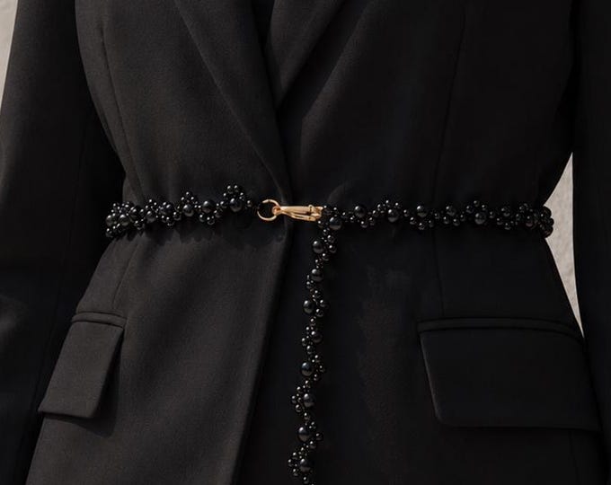 Handmade Black Beaded Belt, Elegant Gold Clasp Waist Accessory