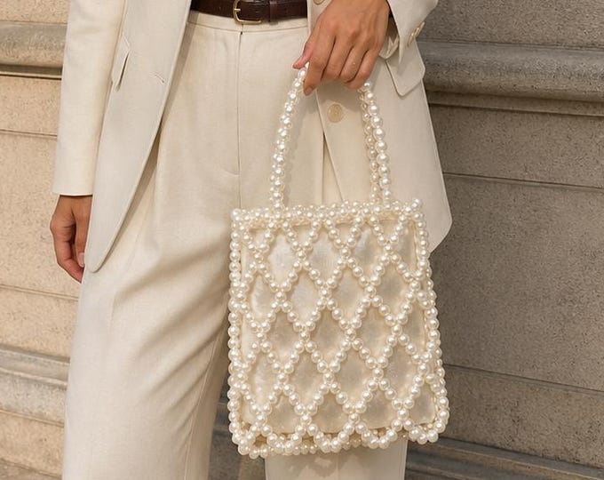Pearl Beaded Bridal Bag, Handmade Ivory Wedding Clutch, Elegant Evening Purse, Fast Shipping