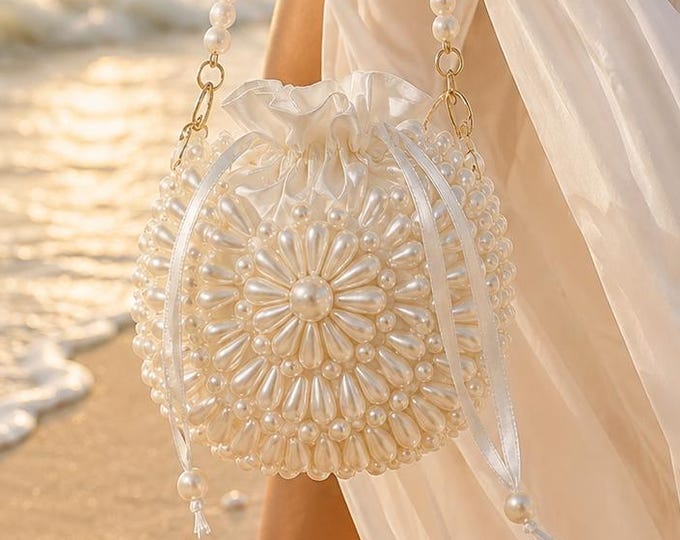 Pearl Bridal Bag, Beach Wedding Clutch, Handmade Drawstring Handbag, Elegant Bride Purse, Fast Shipping