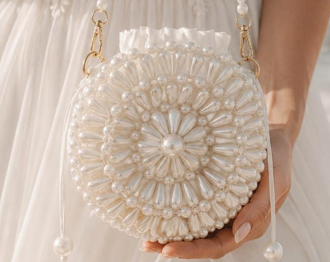 Handmade Pearl Round Bag, Bridal Purse, Beach Wedding Accessory, Ivory Floral Bag