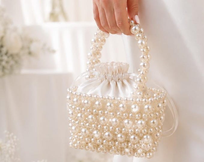 Handmade Pearl Beaded Bridal Bag, Ivory Wedding Purse, Elegant Evening Handbag