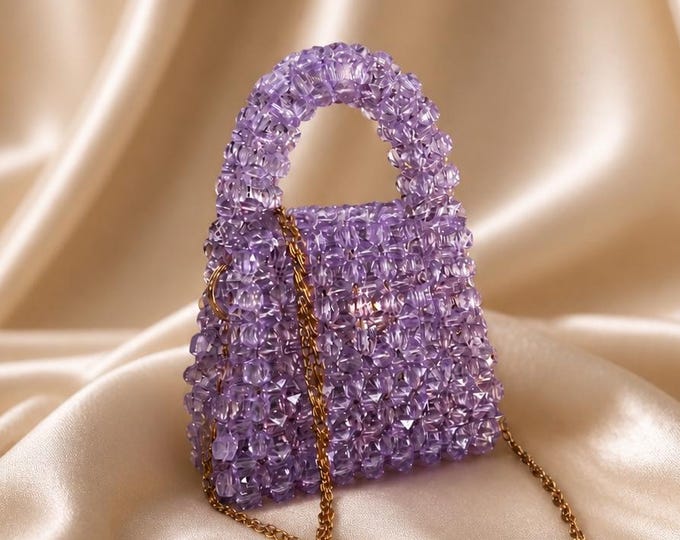 Handmade Purple Crystal Beaded Mini Evening Purse, Y2K Sparkly Shoulder Bag, Fast Shipping