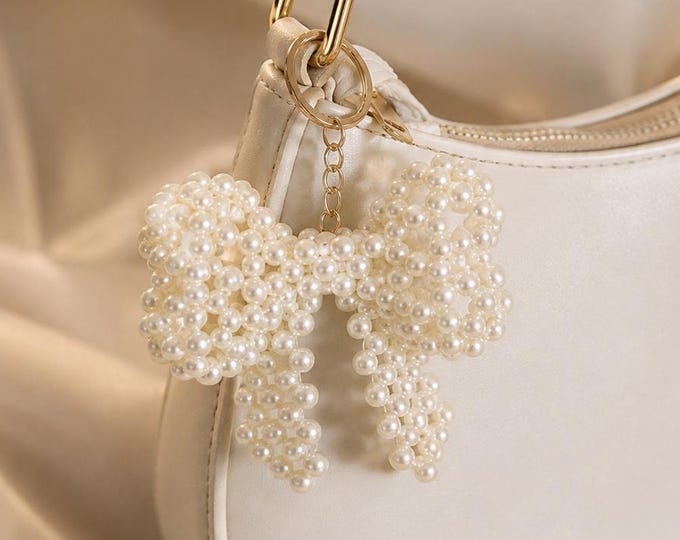 Handmade Pearl Bow Keychain, Silver-Tone Ring, Bridal Shower Favor