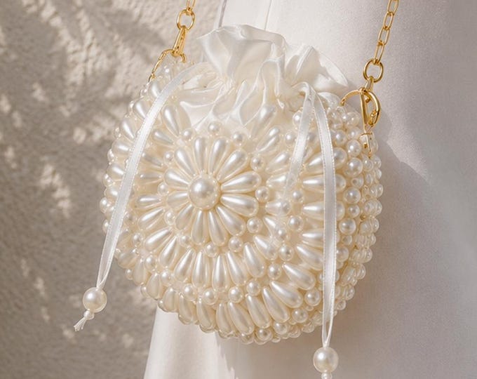Pearl Shell Beaded Evening Bag, Bridal Mermaid Mini Purse, White Satin Drawstring, Fast Shipping