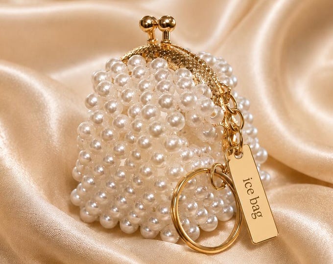 Pearl Beaded Coin Purse Keychain, Personalized Gold Frame Clutch, Bridal Favor Souvenir